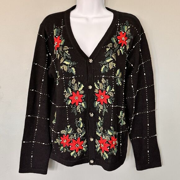 Womens Christmas Sweater S Embellished Poinsettia Beaded Embroidered Ugly Not - Picture 1 of 9